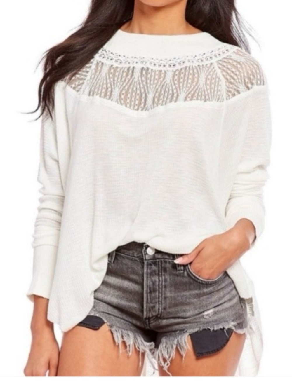 Free People Spring Valley Top in Ivory/white waffle knit lace small oversized.